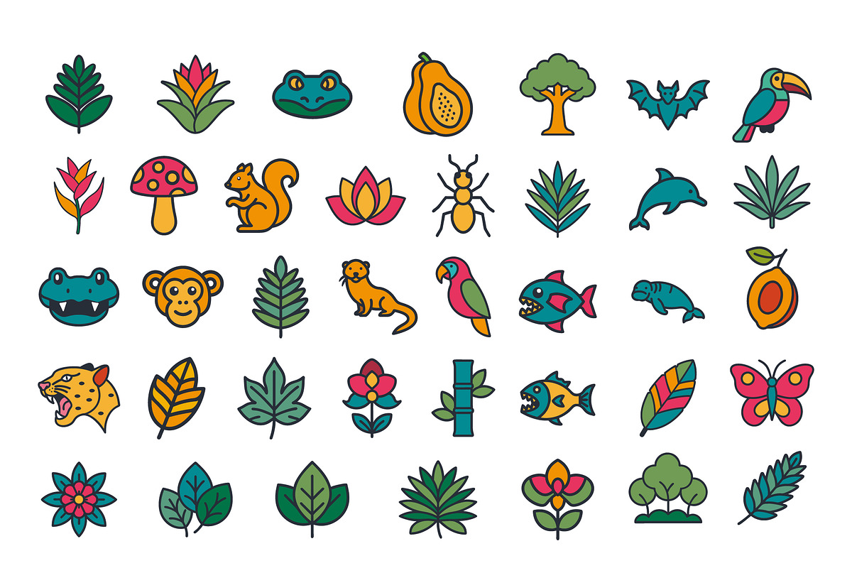 Rainforest Plants Icons Set