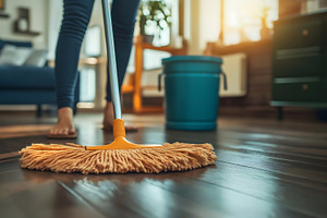 Woman mopping, wiping floor in home setting. Housewife uses mop, plastic bucket, a Business Photo by Lenor4ik