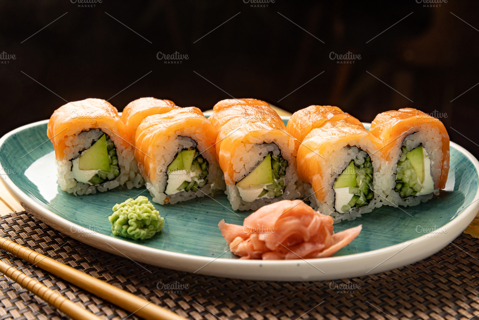 Philadelphia uramaki sushi rolls with salmon, a Photo by Grafvision photography