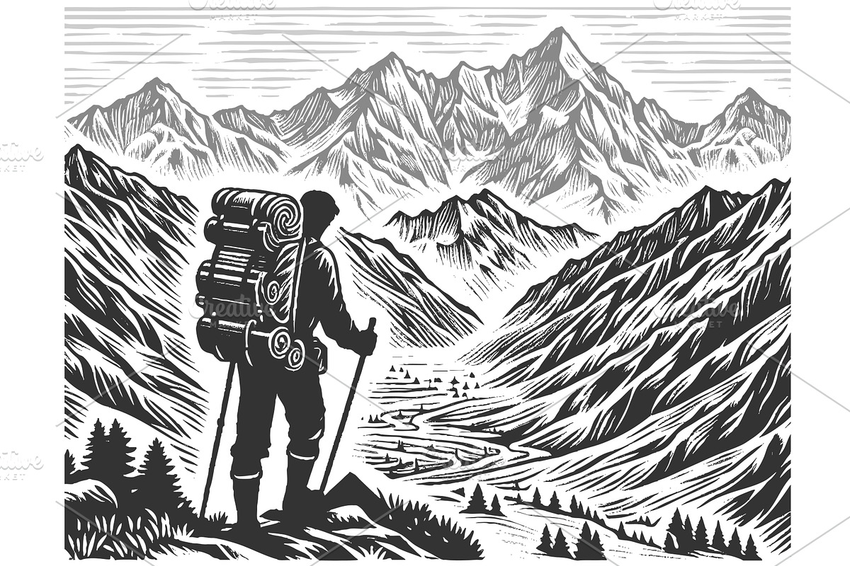 Hiker Overlooking Mountain Valley, a Person Illustration by AlexArt