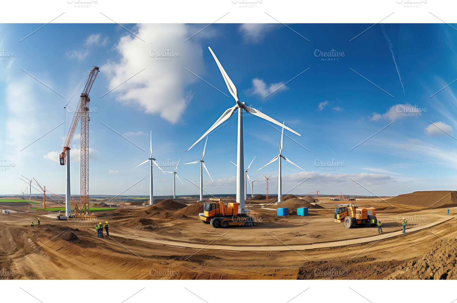 turbine wind farm construction ai, an Industrial Photo by pikepicture