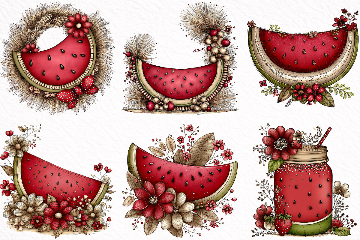 Whimsical Boho Watermelon Clipart, an Illustration by DreamArtGraphic (Photo 2 of 8)