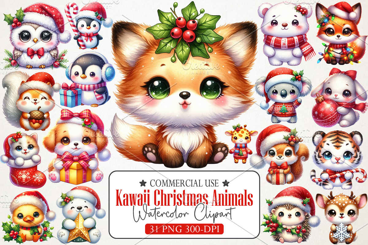 Kawaii Christmas Animals – PNG, an Illustration by RobertsArt (Photo 1 of 7)