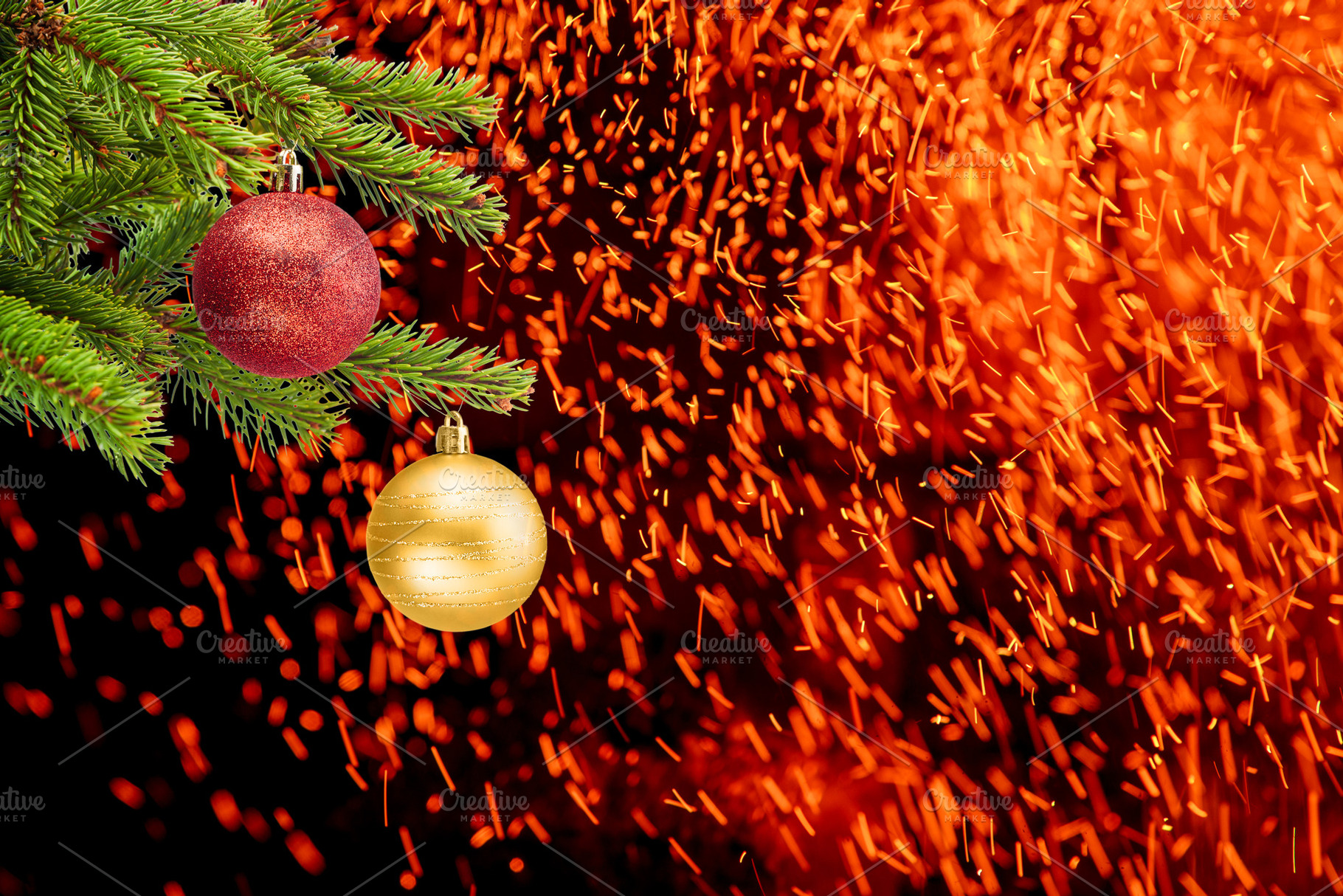 Christmas tree, Christmas balls and flying sparks, celebration b, a Holiday Photo by oleghz