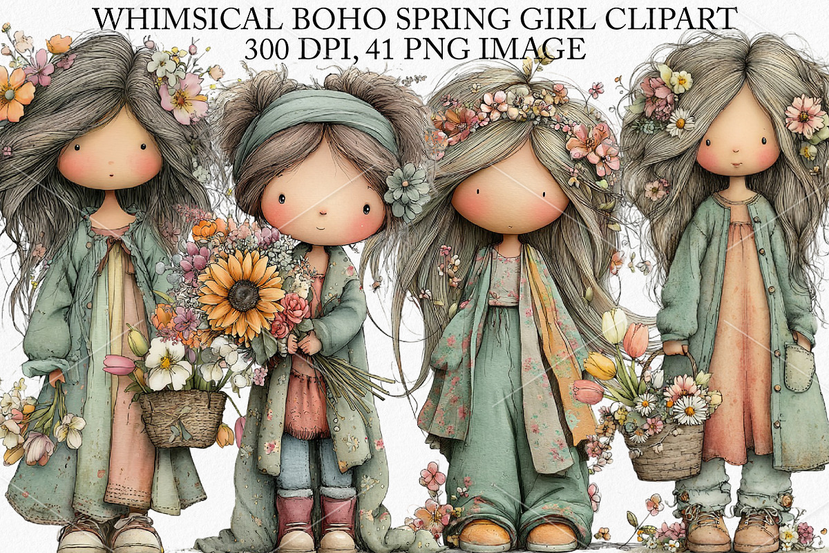 Whimsical Boho Spring Girl Clipart, an Illustration by Canvas Craft (Photo 1 of 7)