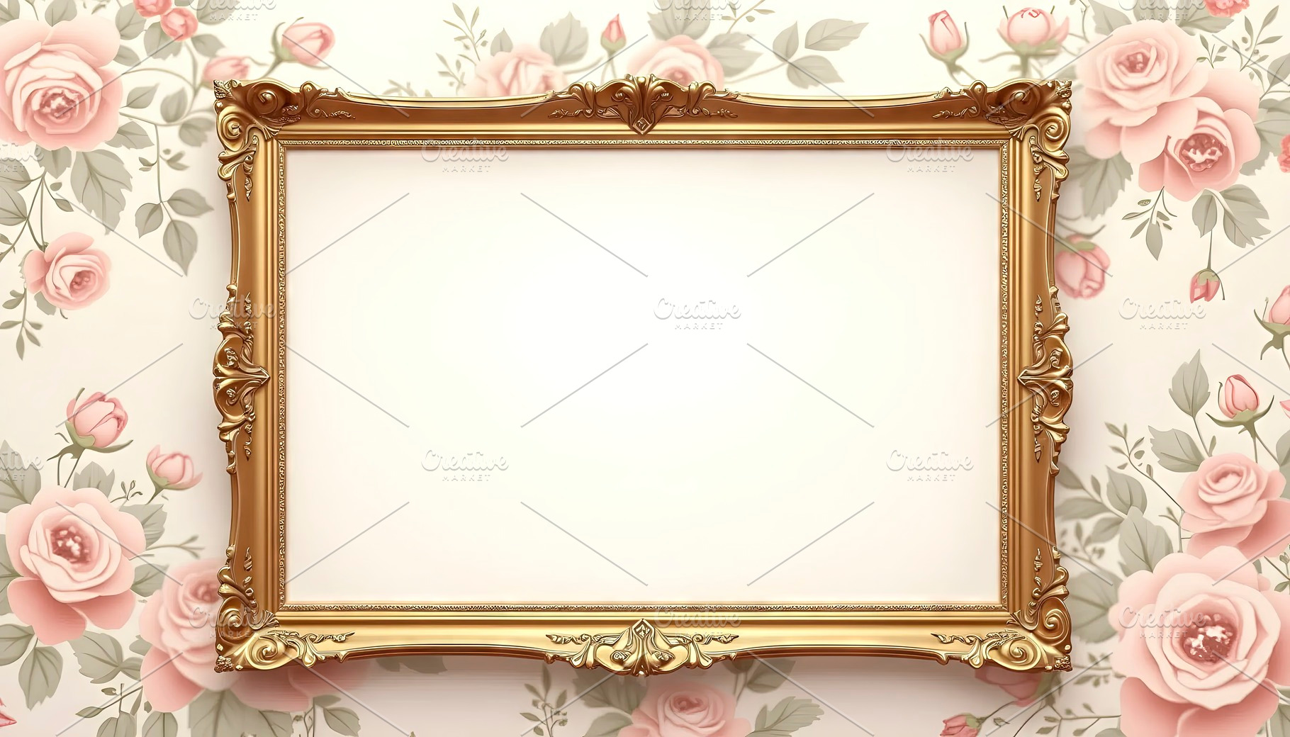 Elegant Gold Frame on Floral Wallpap, a Photo by LOGOCREATIVE