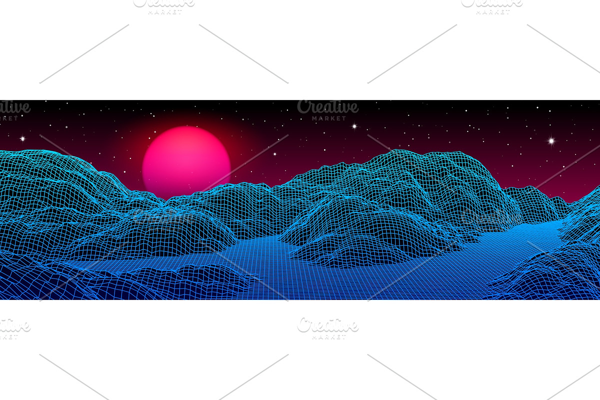 Neon grid landscape and sun with 80s, a Technology Illustration by Swillklitch