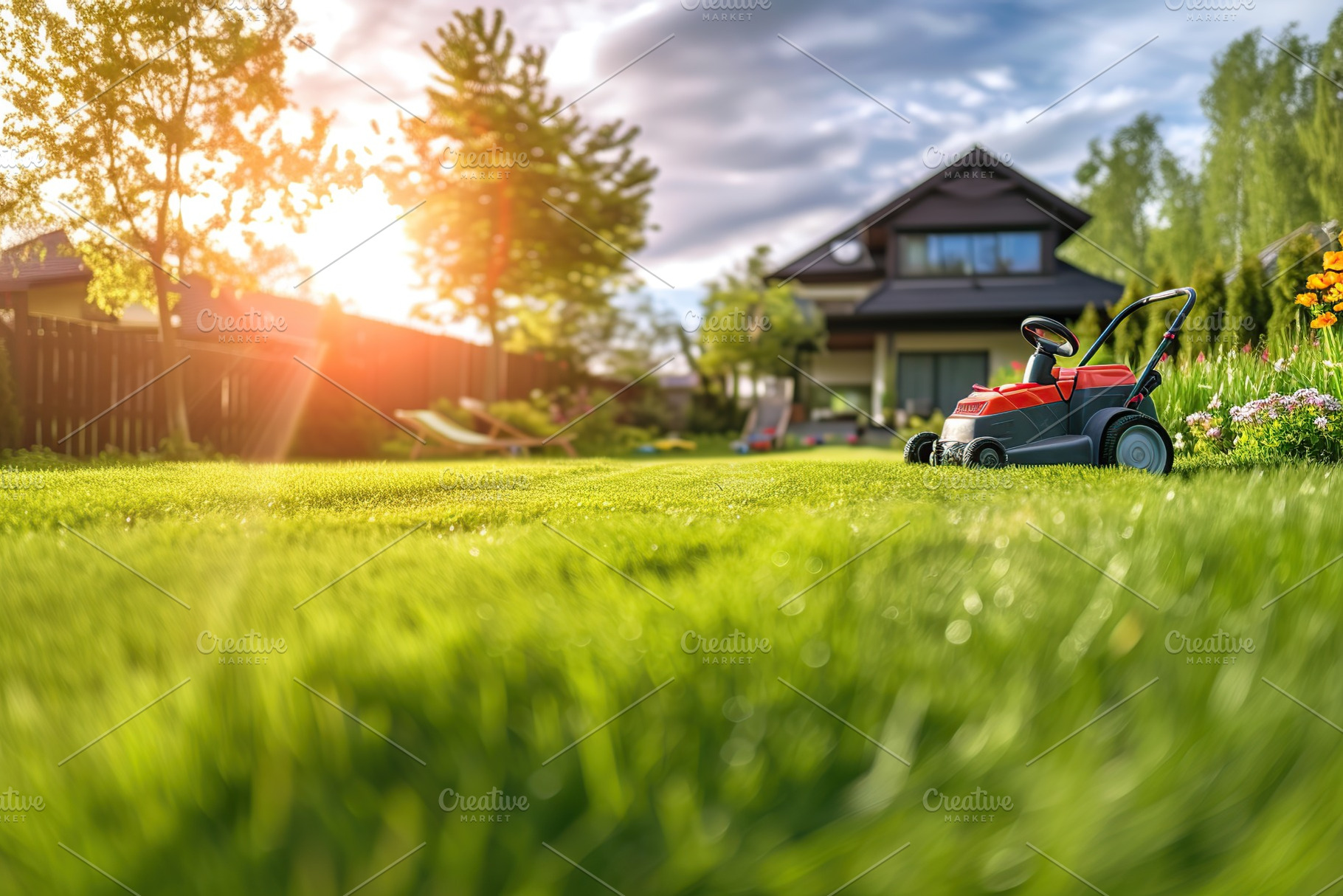 Back house yard with nice landscaping and lawn mower on green grass, a Nature Photo by AlyaAnd