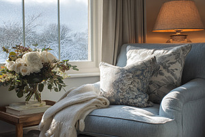 Cozy armchair by window overlooking snowy winter scene, inviting, a Photo by Studio ANNA