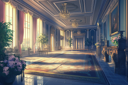 Elegant sunlit ballroom with chandeliers, large windows, and ornate decor., an Architecture Photo by Textures & Backgrounds
