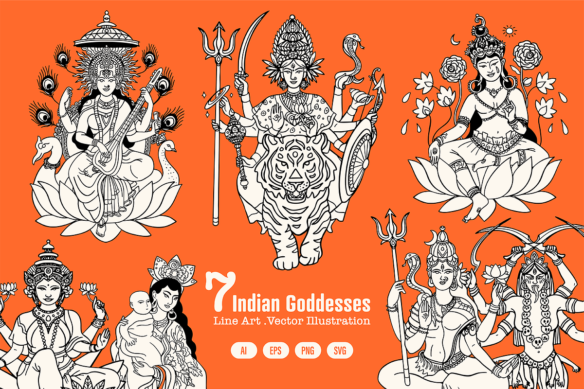 Indian Goddesses Vector Set, a Decorative Illustration by Allaxel Studio (Photo 1 of 4)