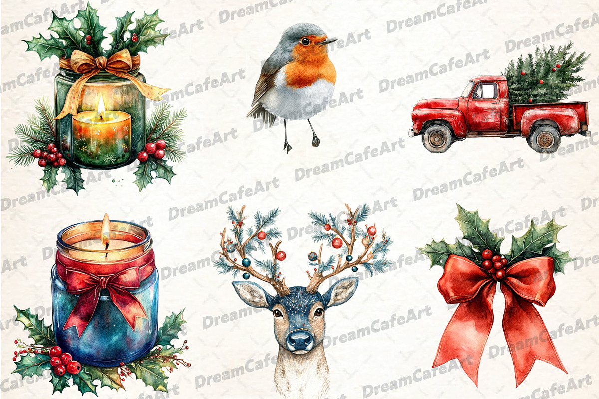Christmas Watercolor Clipart Set, an Illustration by DreamCafeArt (Photo 4 of 7)
