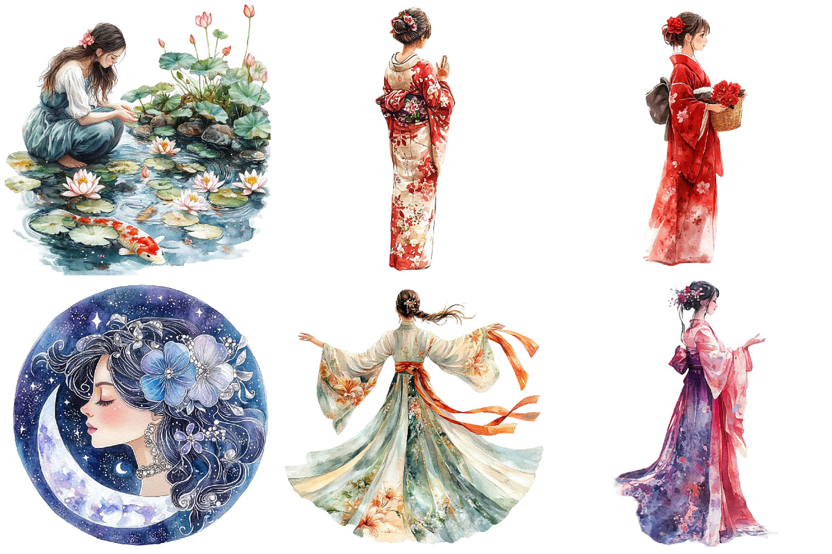 Watercolor Japanese Flower Maiden Cl, an Illustration by DreamCafeArt (Photo 4 of 7)