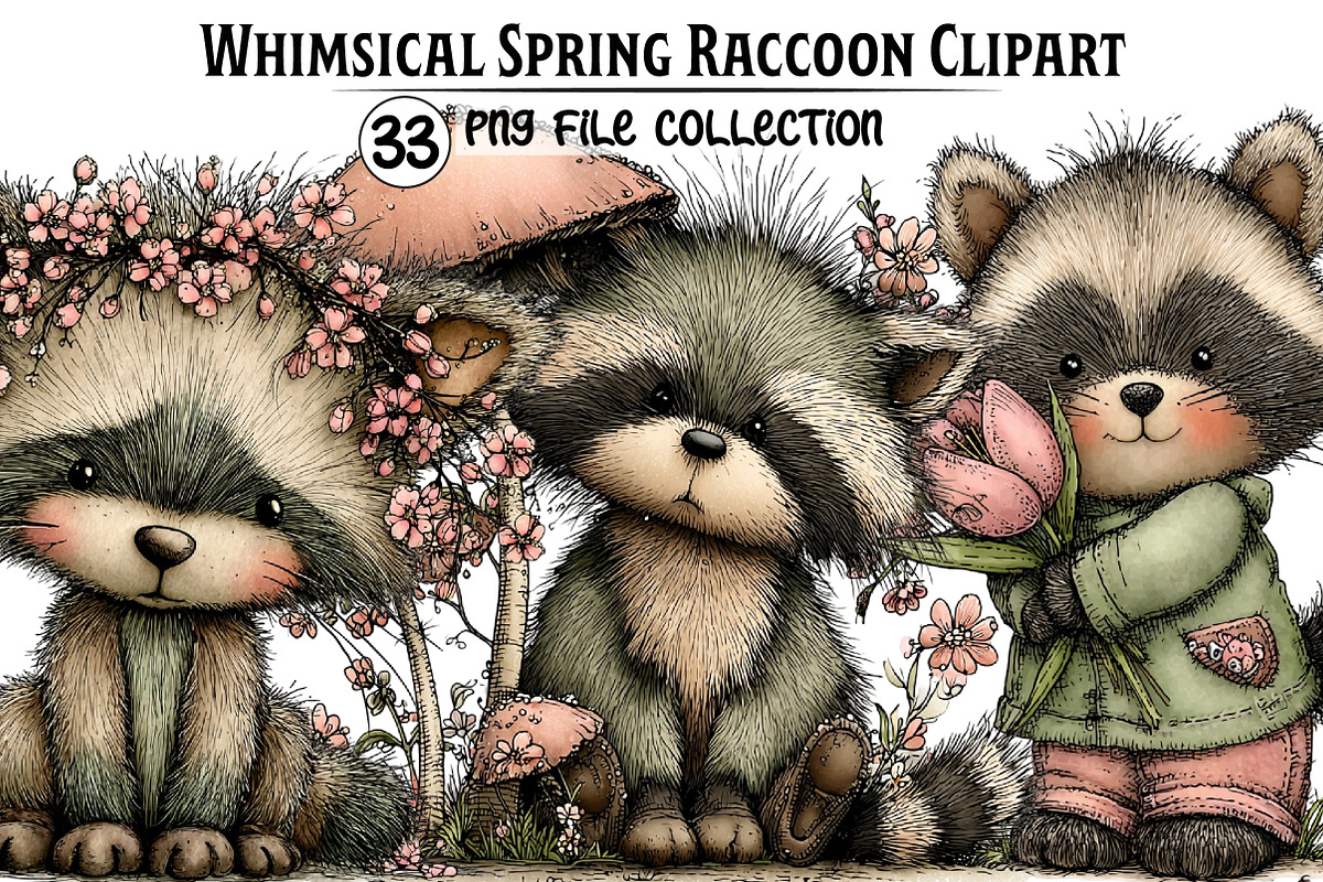 Whimsical Spring Raccoon Clipart, an Illustration by Dream Creation (Photo 1 of 7)