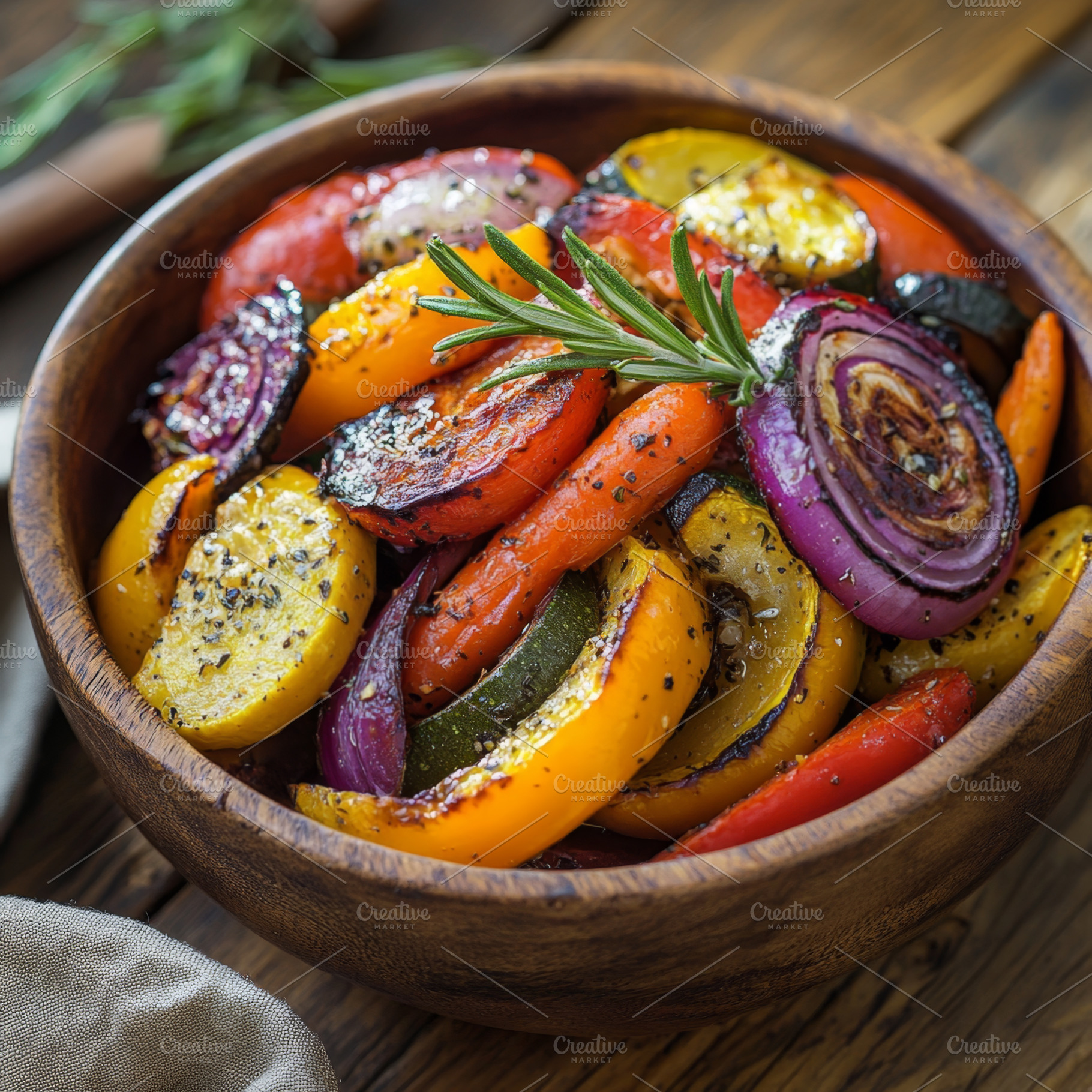 Rustic Bowl of Roasted Vegetables on Wooden Table, a Photo by Natalia Klenova's Shop