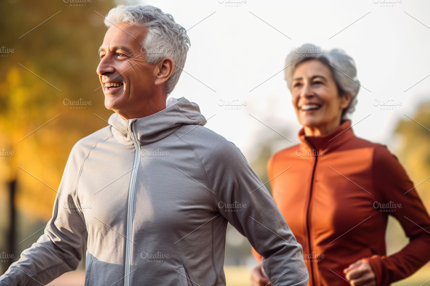 A man and a woman jogging in the park created with Generative AI technology, a Health & Medical Photo by OSORIOartist