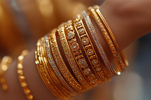 Golden bangles adorn a woman's wrist, a Beauty & Fashion Photo by Pixeness Studio