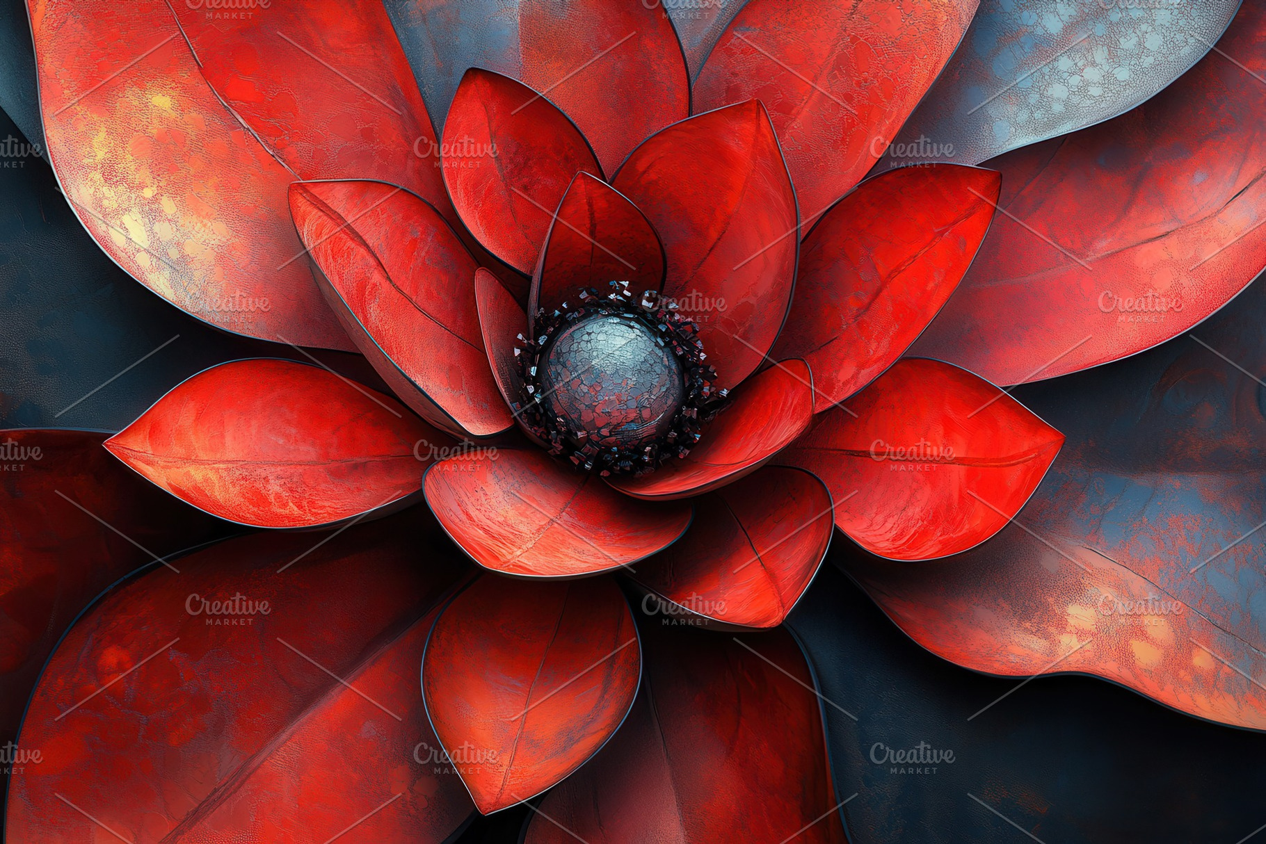 Vibrant red flower with detailed pet, a Photo by Tanuart