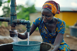 African woman filling a bucket with, a Photo by Iftikhar Alam