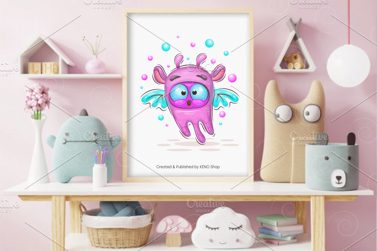 Cute cartoon flying monster. Tshirt., an Animal Illustration by KENO Mascots (Photo 3 of 4)