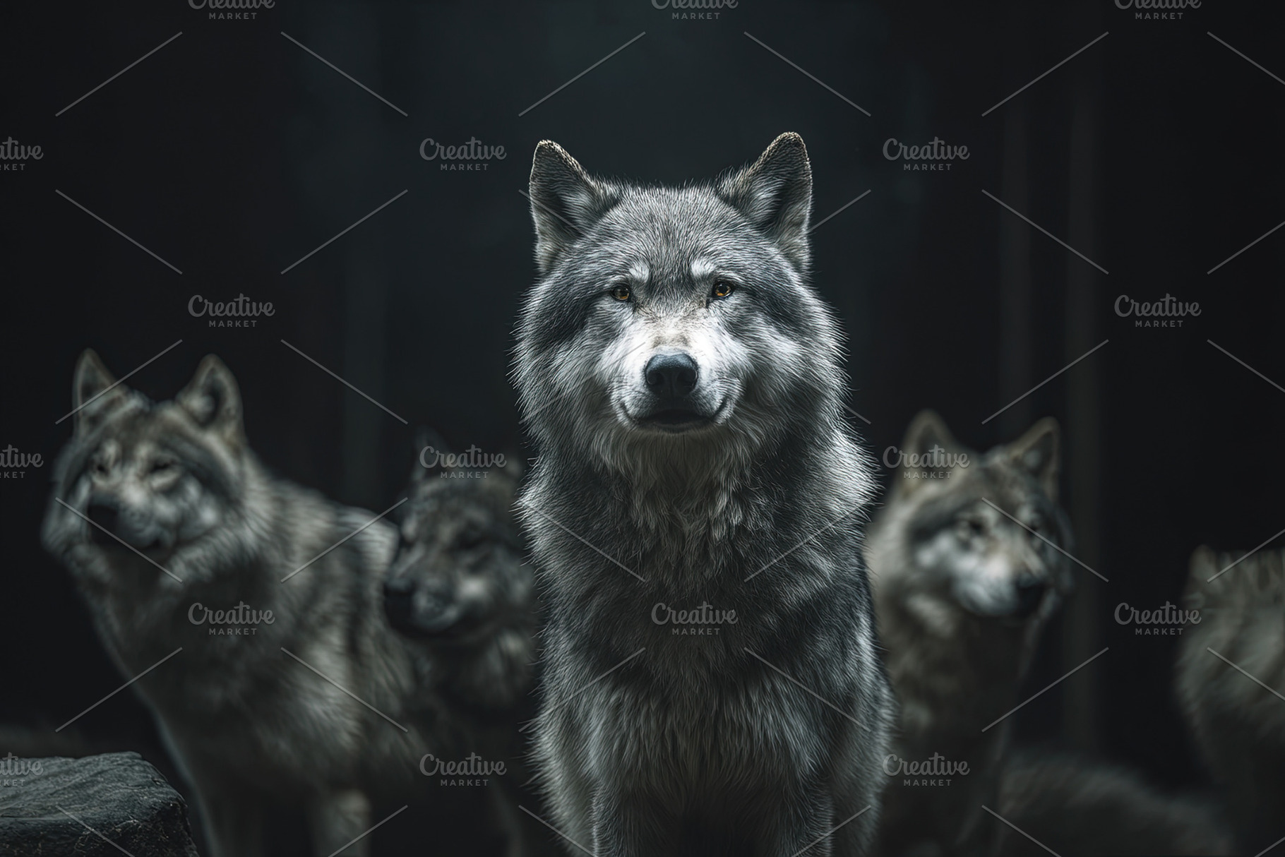 Group of grey wolves standing together in a dark forest, facing, an Animal Photo by Ales Munt