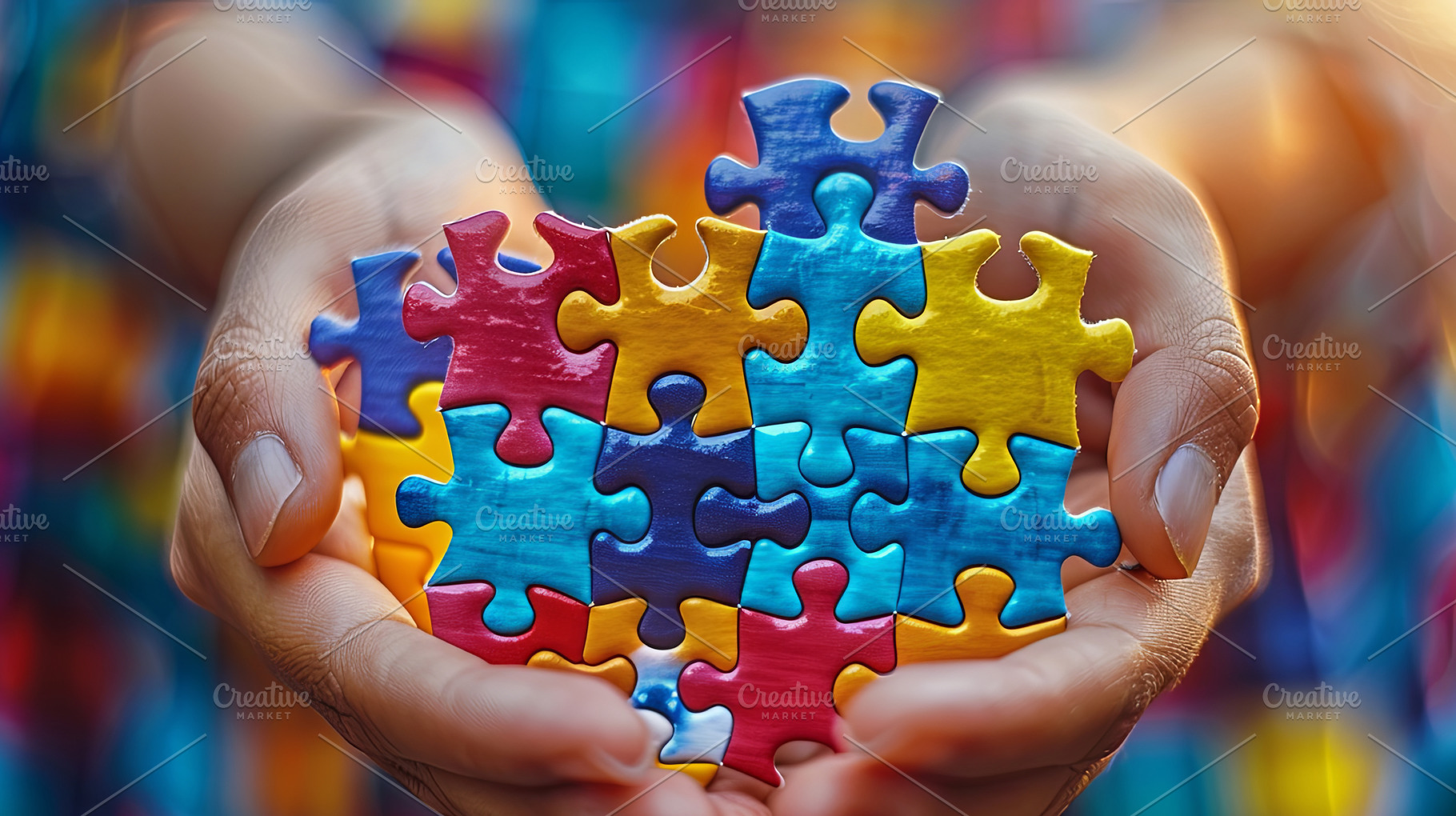 Close up of human hands holding colorful puzzle pieces. World Au, a Health & Medical Photo by AS photostudio