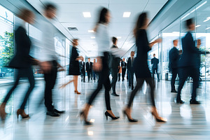 Busy office hallway with professionals in business attire walking, a Business Photo by AlyaAnd