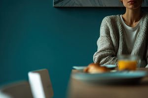 Woman sits at table with breakfast, a Photo by Beautiful things
