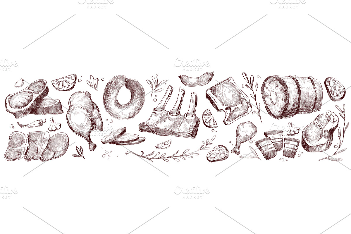 Raw meat piece sketch collection, a Food Illustration by art PVP - market