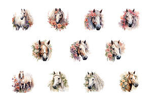 Watercolor Flower Horses Clipart