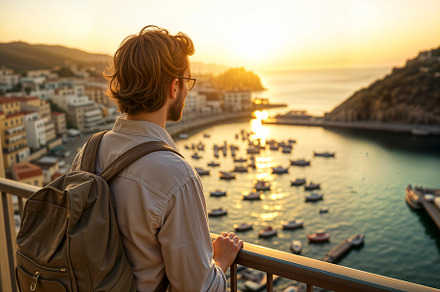 Solo traveler overlooking sunset