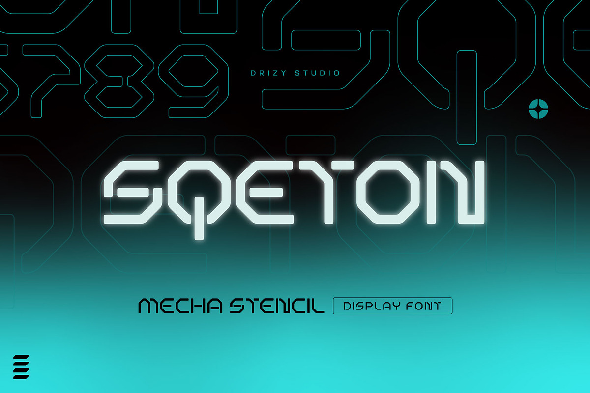 Sqeton - Mecha Stencil Display Font, a Sans Serif Font by Drizy (Photo 1 of 9)