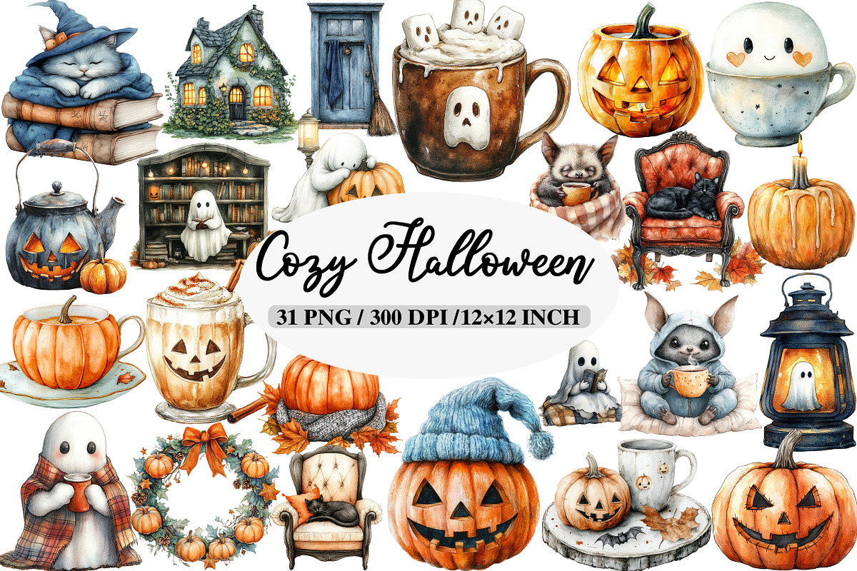 Watercolor Cozy Halloween Clipart, an Illustration by Daily.Designs (Photo 1 of 5)