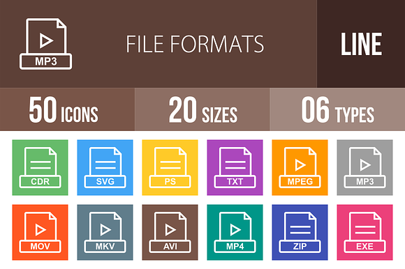 50 File Formats Line Multicolor