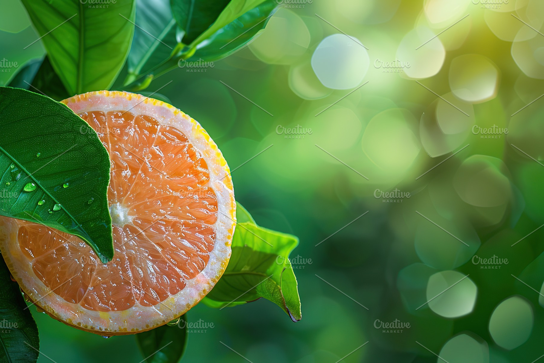 Fresh and tasty grapefruits with green leaves on blurred green background, a Food & Drink Photo by AlyaAnd