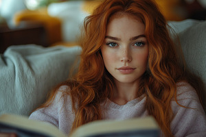 A young woman with striking red hair reading a book in a cozy indoor setting, e, a Person Photo by ImageMir