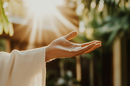 Hand of Jesus reaching out with light in spiritual scene, copy s, a Photo by Dvoevnore photos