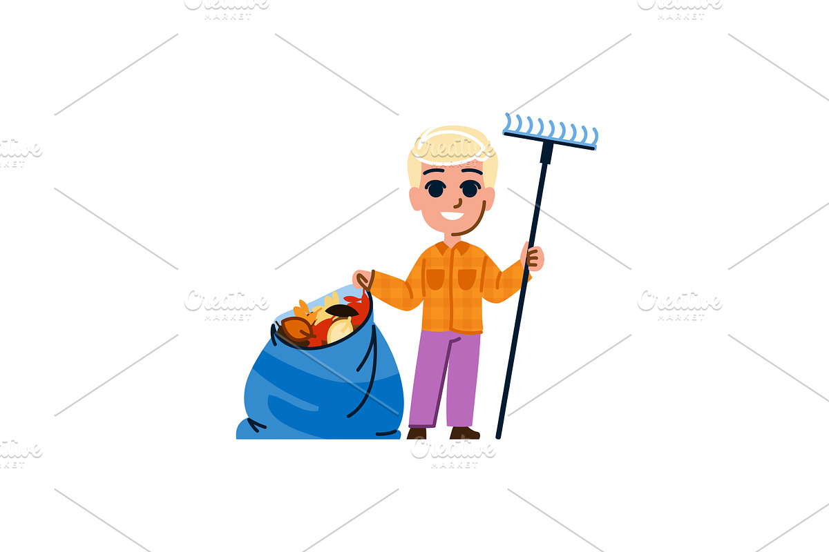 Young farmer gathering autumn leaves, an Illustration by pikepicture
