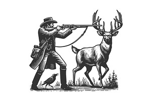 Hunter Aiming Deer Engraving Vector