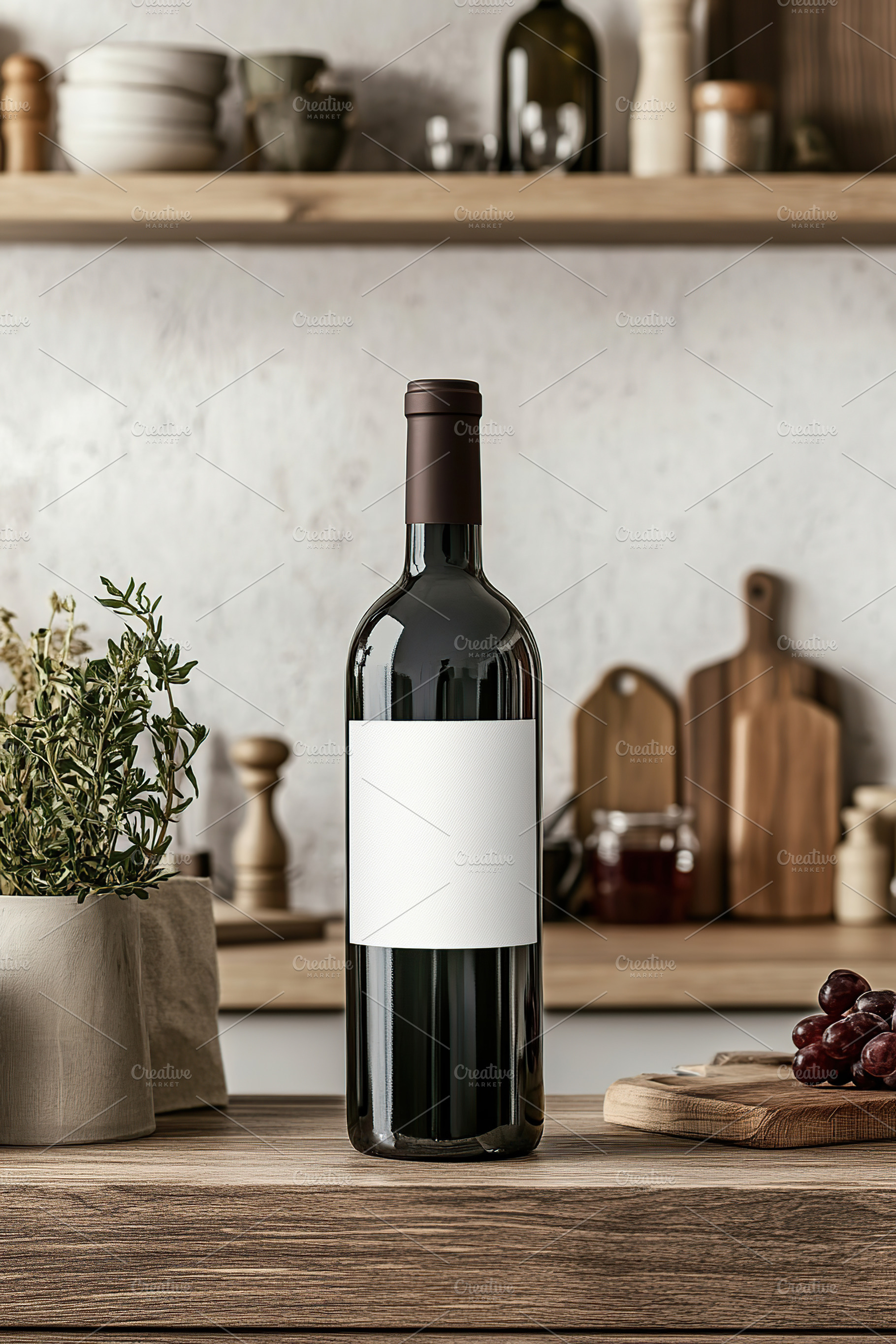 Blank label wine bottle displayed on wooden kitchen counter with, a Food & Drink Photo by AlyaAnd