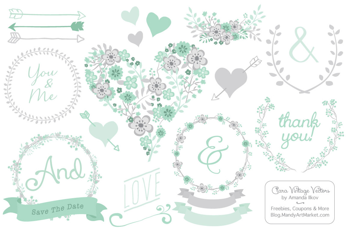Mint Floral Heart Clipart & Vectors, an Illustration by Amanda Ilkov (Photo 1 of 4)