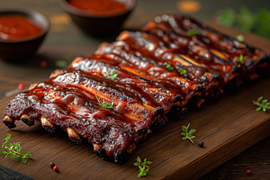 Juicy, smoky barbeque ribs garnished with fresh herbs, served on, a Food & Drink Photo by ImageMir