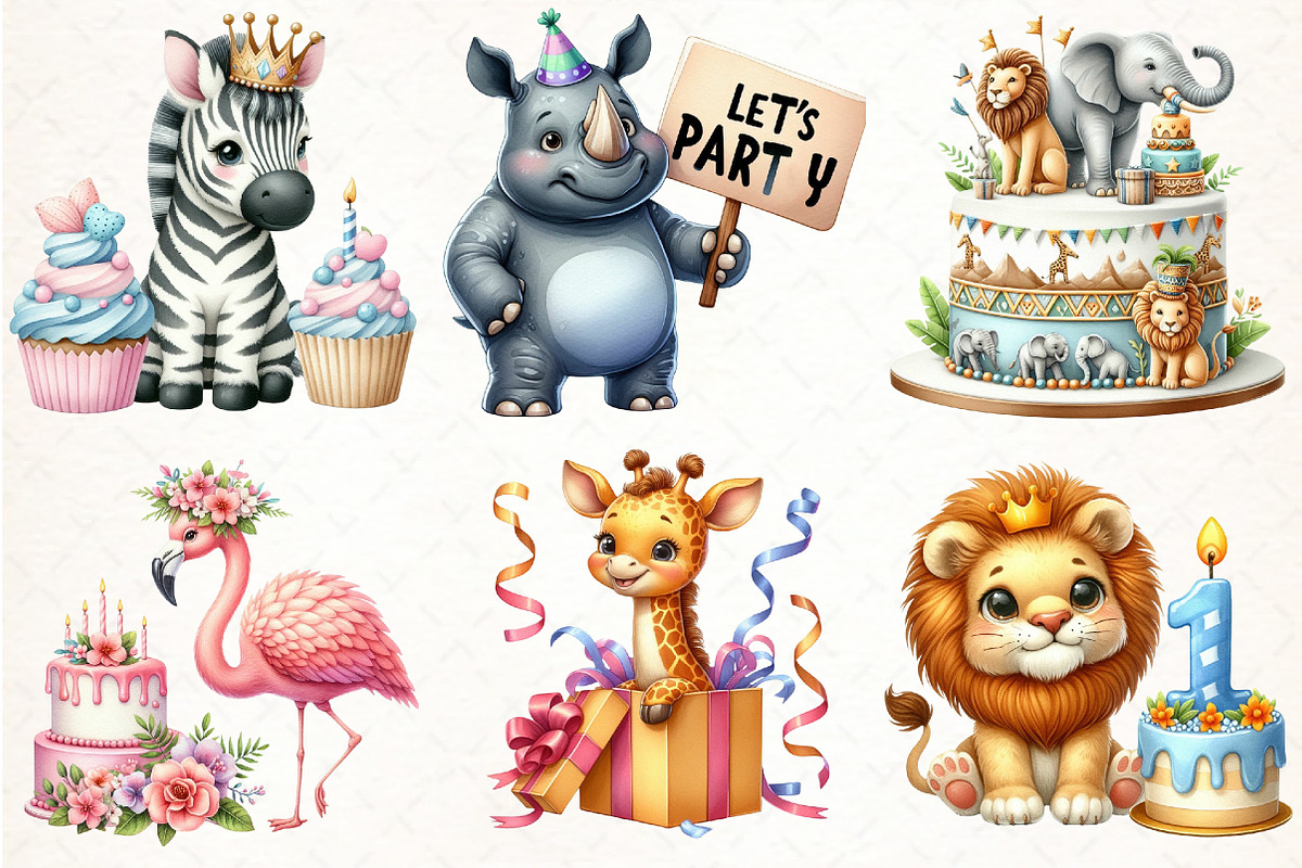 Cute Safari Party Animal Watercolor, an Illustration by Pixels.Craft (Photo 3 of 7)