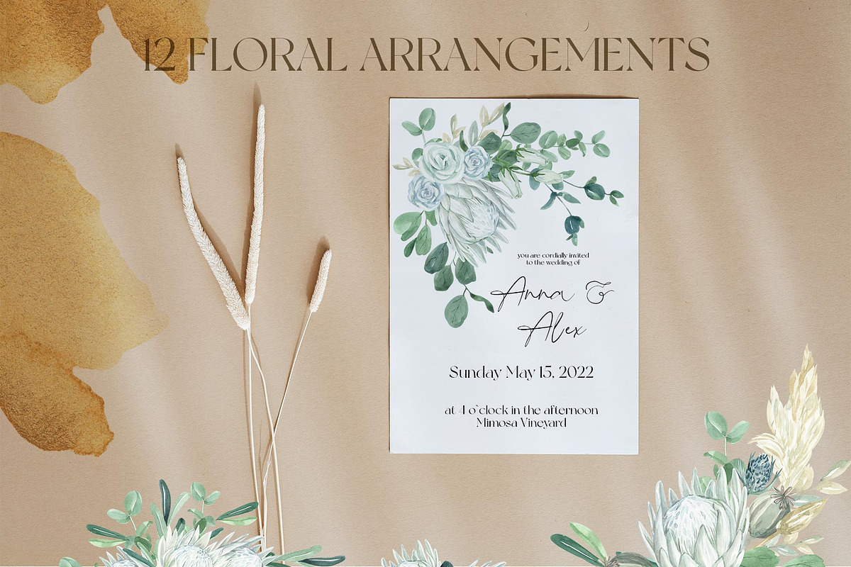 White Proteas and Eucalyptus Boho, a Texture Illustration by Catch the Dream Art (Photo 3 of 9)