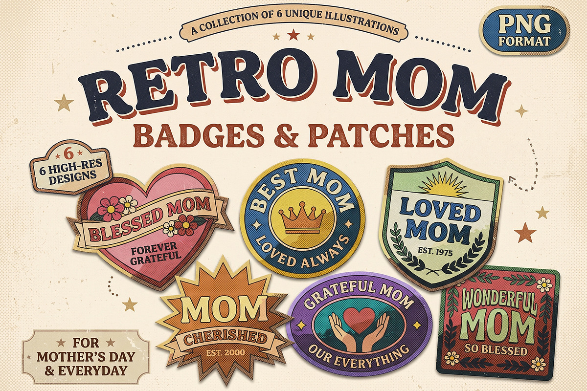 Retro Mom Badge Patch PNG Bundle, an Object Graphic by NH graphic (Photo 2 of 3)