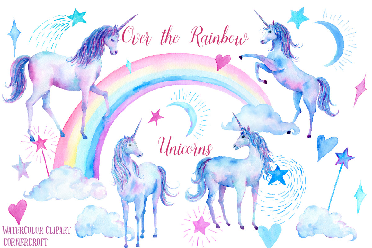 Watercolor Clipart Unicorns, an Illustration by Corner Croft (Photo 1 of 6)