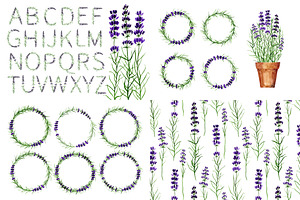 Lavender wreaths, alphabet, pattern