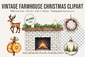 Vintage Farmhouse Christmas Clipart, an Illustration by Artnoy
