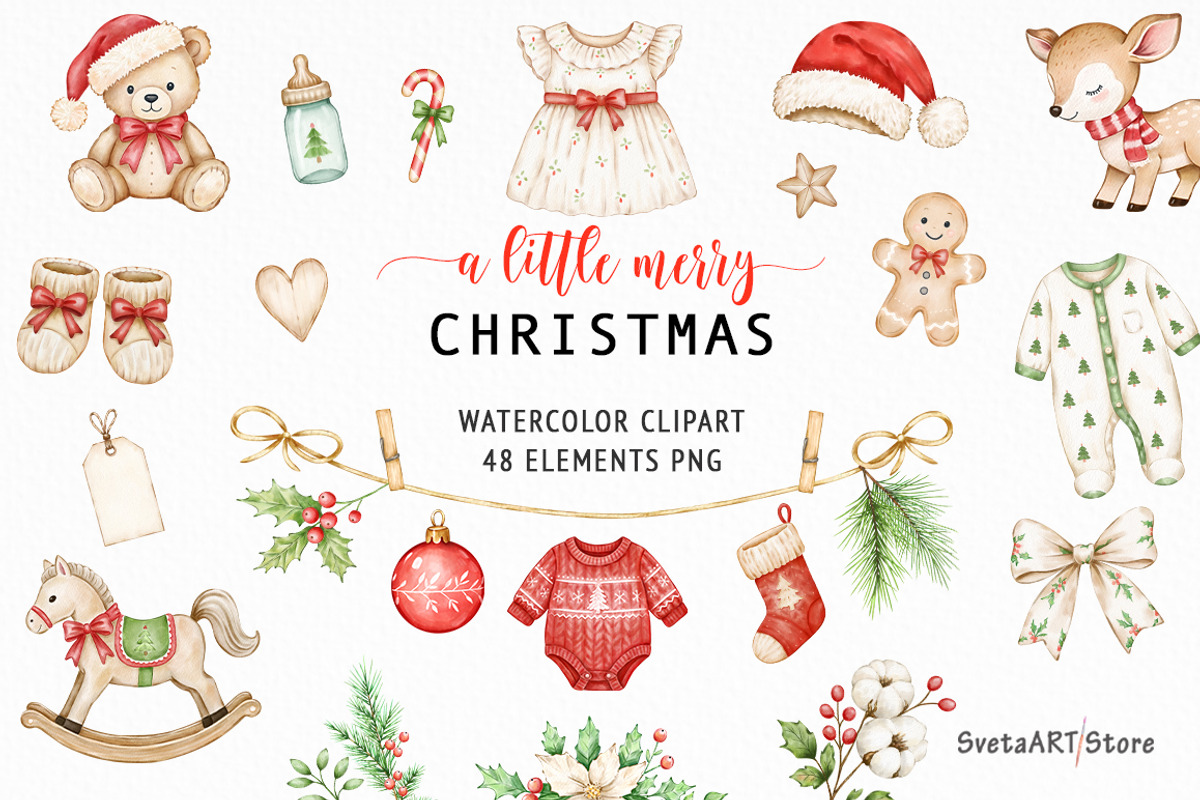 Watercolor Baby Christmas Clothes, a Seasonal Illustration by SvetaArtStore (Photo 1 of 8)