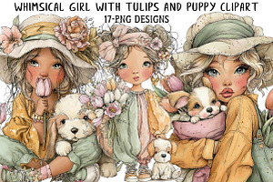 Whimsical Girl And Puppy Clipart, an Illustration by Daily.Designs